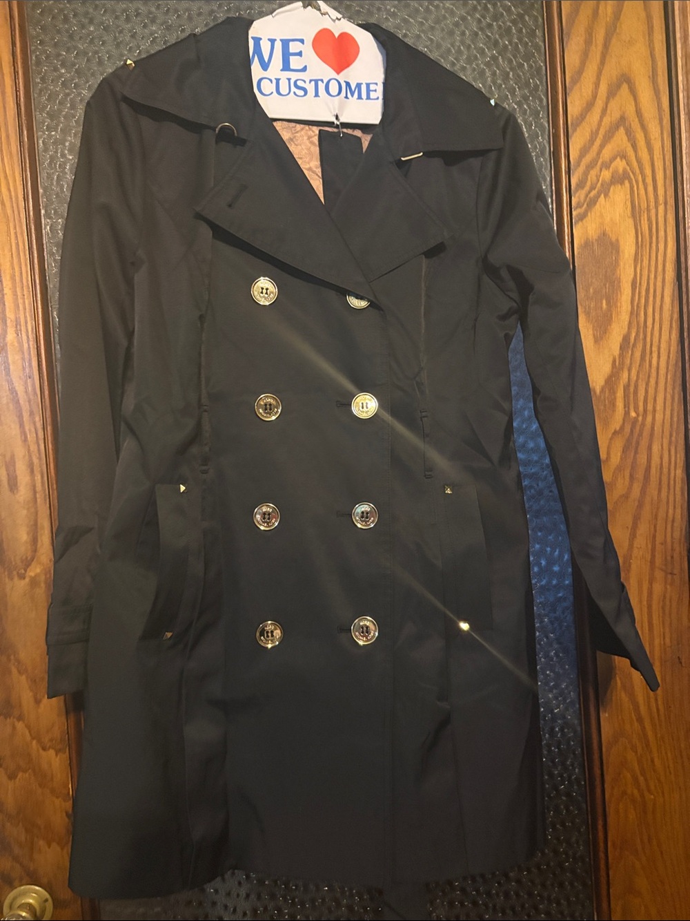 Michael Kors Black Double-Breasted Trench Coat with Gold Buttons